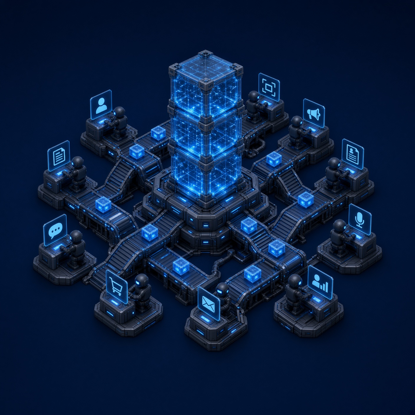 Isometrische Operations-Architektur mit Industrierobotern in einem blau beleuchteten Routing-Hub